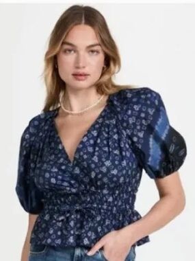 Ulla Johnson Navy and Light Blue Printed INES V-Neck Peplum Blouse